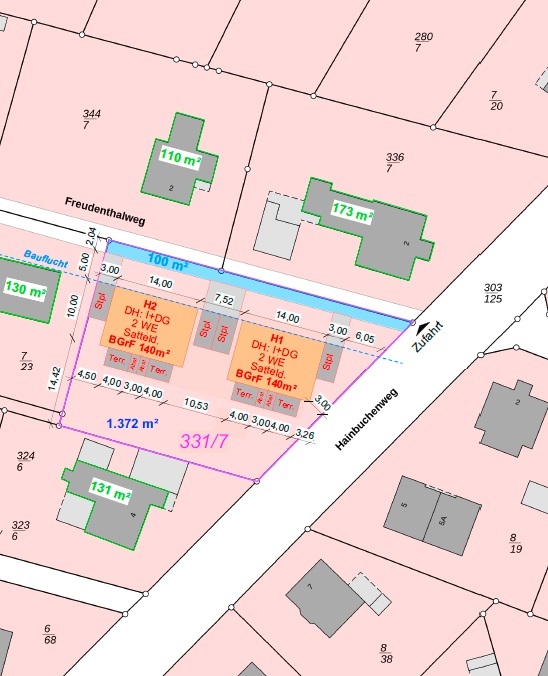 Positiver Bauvorbescheid! 2 Doppelhäuser mit 4 WE auf ca.508m² BGF-Wohnfl. + 1.352m². Zwei Vollgeschosse möglich!