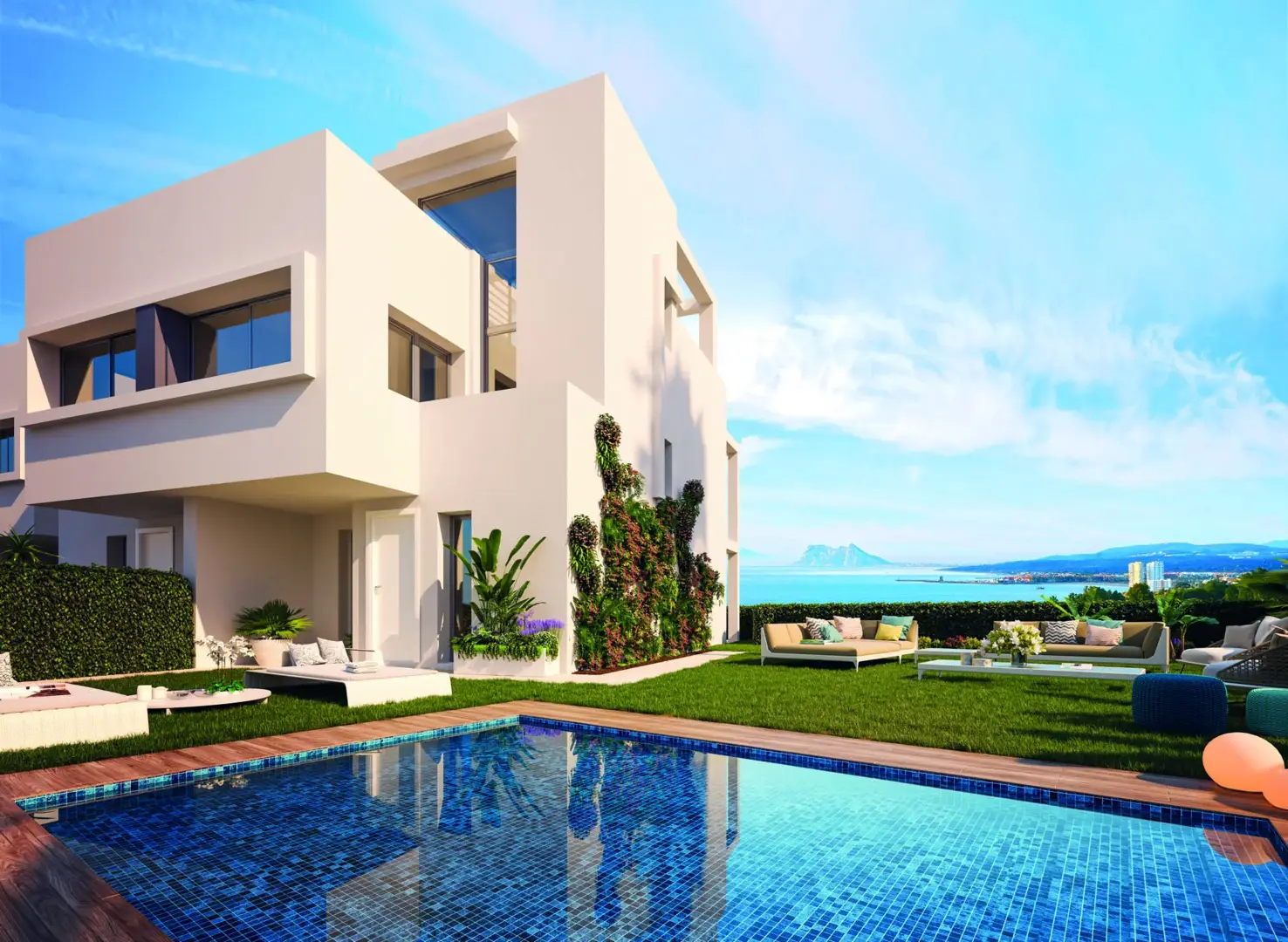 PROVISIONSFREI! Blick auf drei Länder – Stadthäuser mit Meerblick in Manilva, Costa del Sol