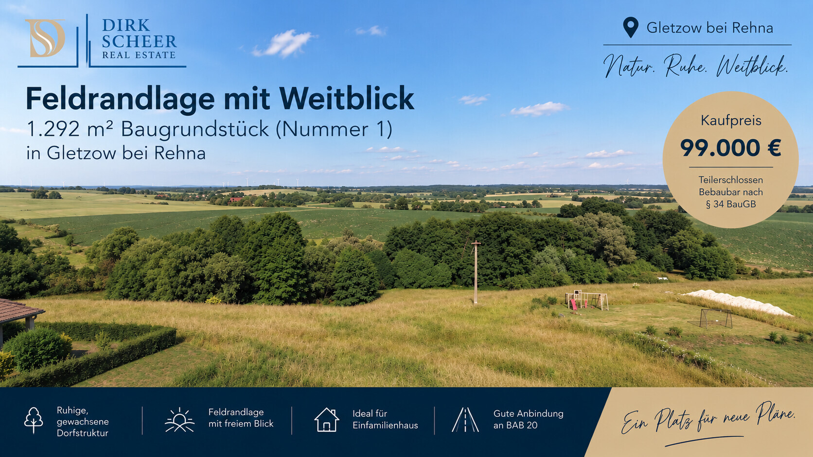 Natur. Ruhe. Weitblick. – 1.292 m² Baugrundstück in Gletzow bei Rehna